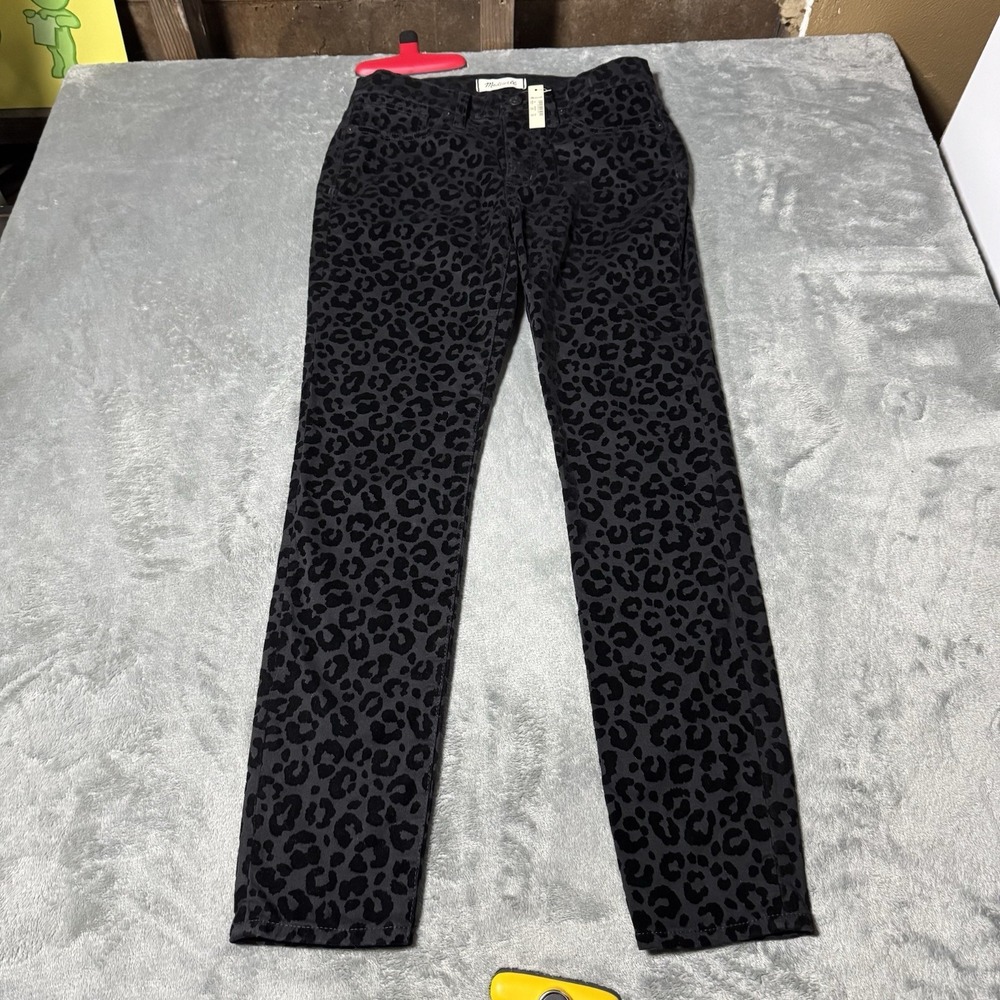 Madewell Womens 26‎ 9" Mid-Rise Flocked Leopard Skinny Jeans Black Magic Pockets